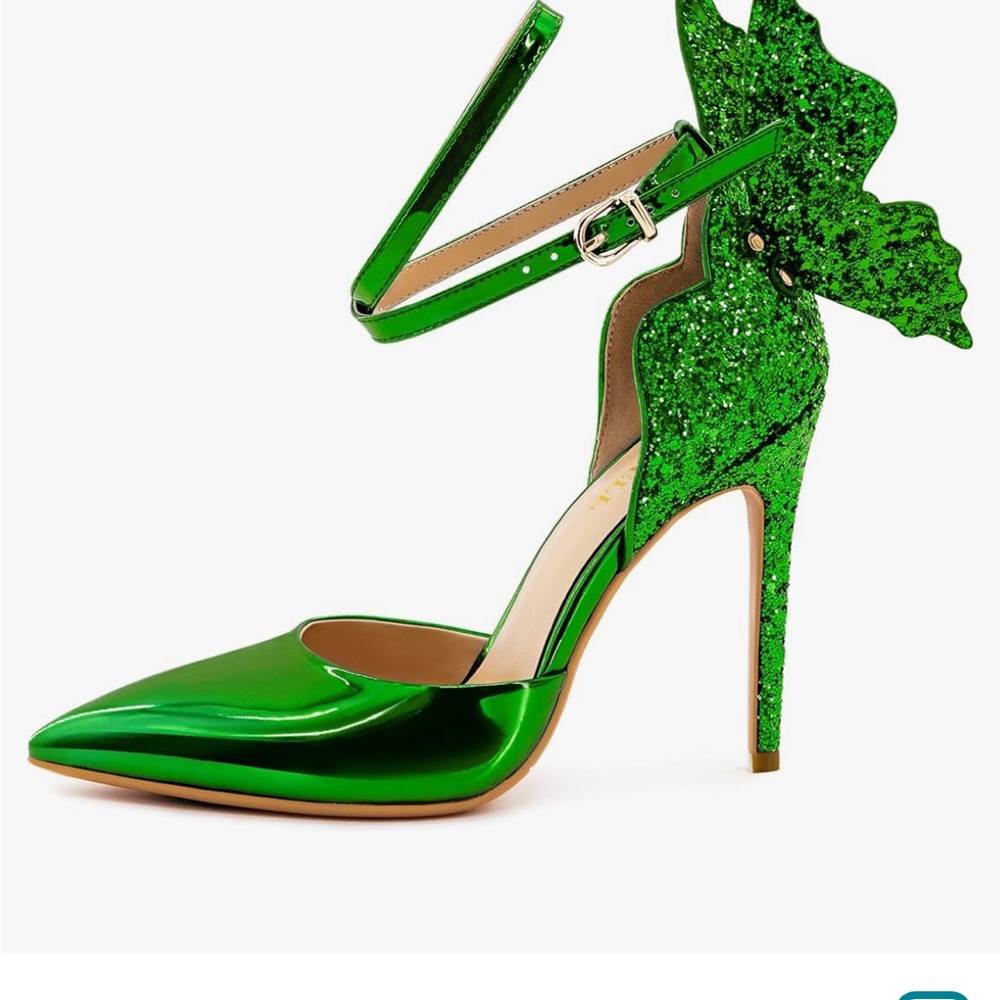 Elegant Green High Heels with Pointed Toe and Decorative Leaf Design - Picture 7 of 8